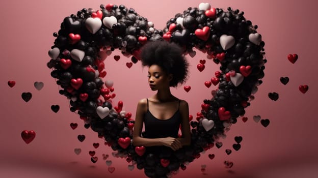 A woman with afro hair surrounded by hearts and balloons