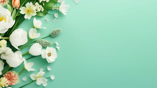 A variety of fresh flowers on a pastel green background, leaving space for text. High quality photo