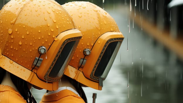 Two people wearing yellow helmets standing in the rain
