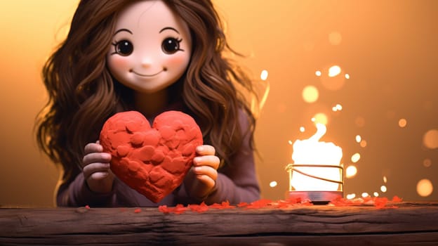 A girl holding a heart shaped object with her hand