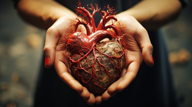 A person holding a heart with red blood vessels in their hands