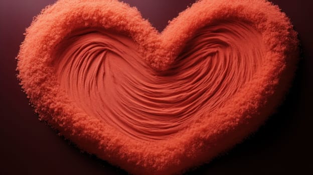 A heart shaped object made of red colored sugar on a black background