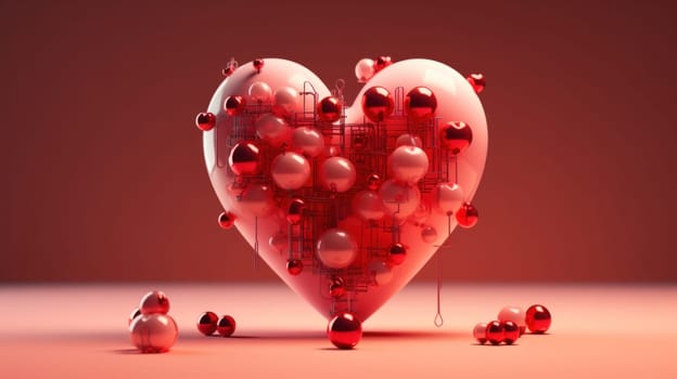 A heart shaped object with many red balls attached to it