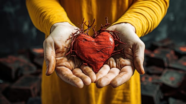 A person holding a heart with blood dripping from it