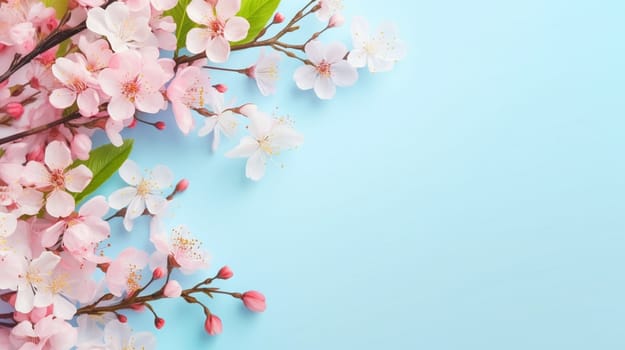 Elegant cherry blossoms branch with pink and white flowers against a soft blue background, hinting at Spring freshness. High quality photo