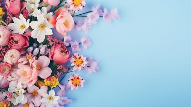 A beautiful bouquet of pink and white flowers arranged creatively on a blue background, resembling a piece of art in the sky. The delicate petals and twigs make a stunning display of cut flowers