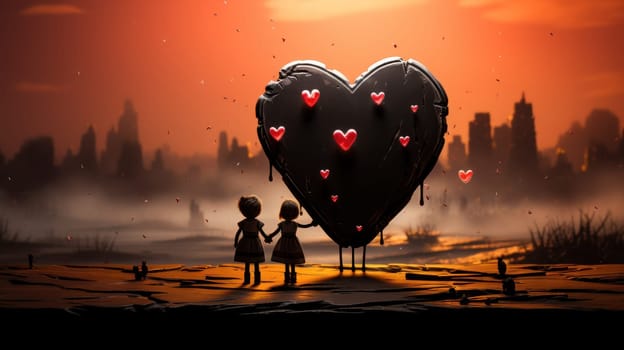 Two children standing in front of a large heart shaped rock