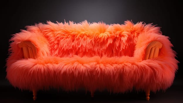 A bright orange couch with a furry seat and back