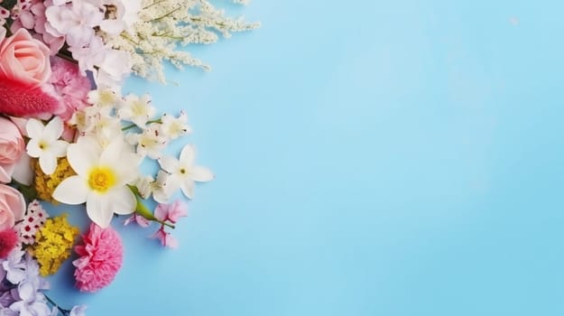 A vibrant assortment of flowers in various shapes and colors set against a soft blue background, with space for text. High quality photo