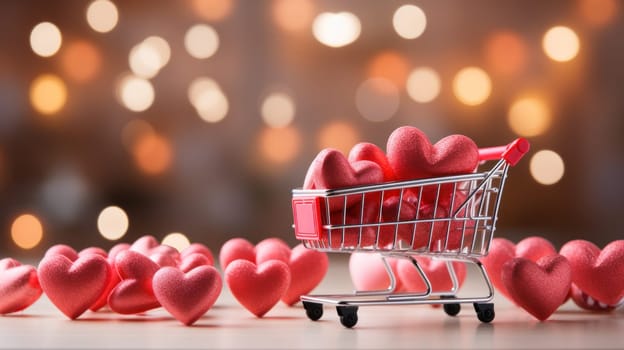 A shopping cart filled with hearts is surrounded by other heart shaped objects