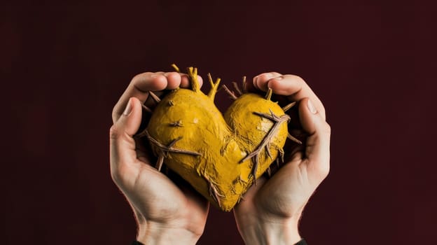 A person holding a heart shaped object with thorns on it