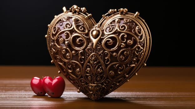 A heart shaped box with two red apples on a wooden table