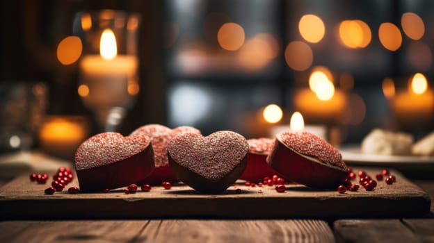 A wooden board with heart shaped cakes on it sitting in front of candles