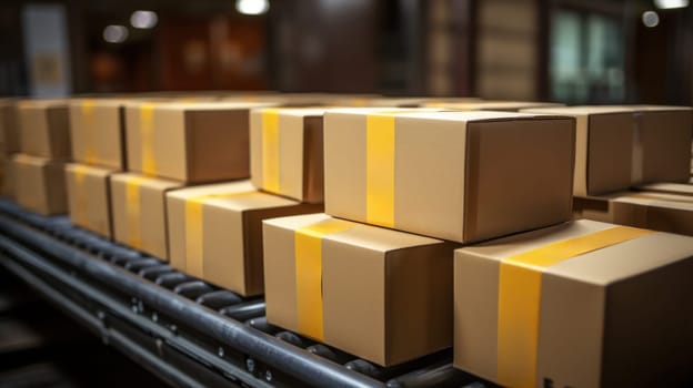 A conveyor belt with boxes stacked on it in a warehouse