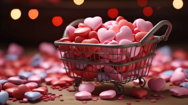 A small shopping cart filled with heart shaped candy on a wooden table