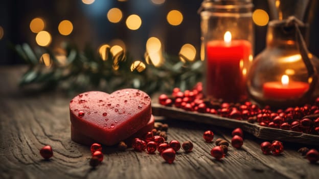 A heart shaped soap sitting on a table next to candles