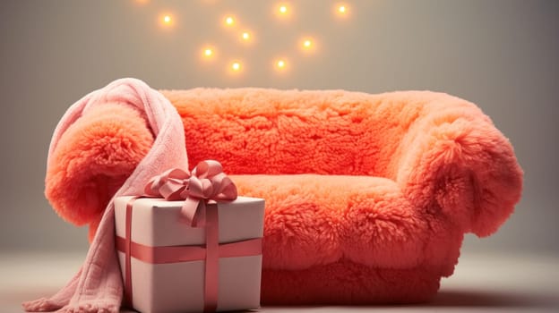 A fuzzy chair with a gift wrapped in pink and white