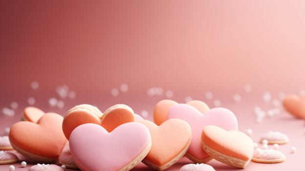 A bunch of heart shaped cookies and other treats on a pink background