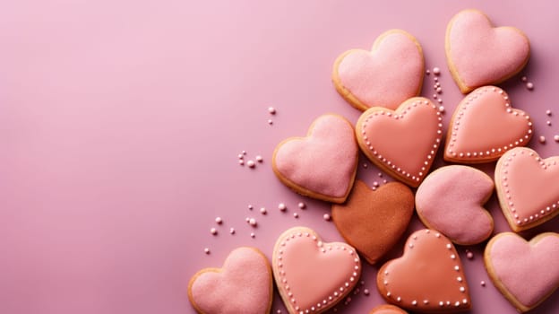 A bunch of heart shaped cookies on a pink background