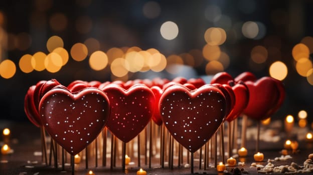 A bunch of red heart shaped cookies on sticks with candles