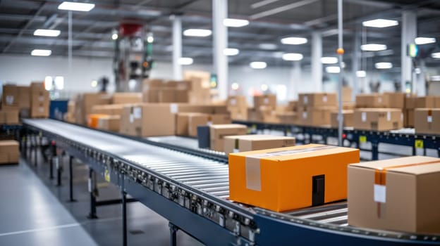 A conveyor belt with boxes on it in a warehouse