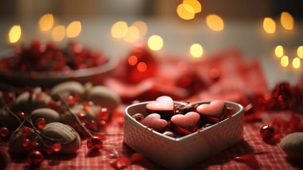 A heart shaped candies are in a bowl on top of red and white checkered table cloth