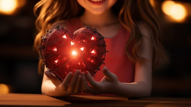 A girl holding a heart shaped object with barbed wire around it