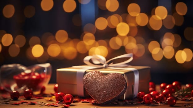 A heart shaped box with a bow and red berries on table