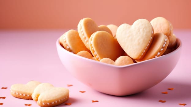 A bowl of heart shaped cookies on a pink table