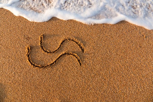 edge of the surf on a sandy beach. drawing of two waves on a background of sand.