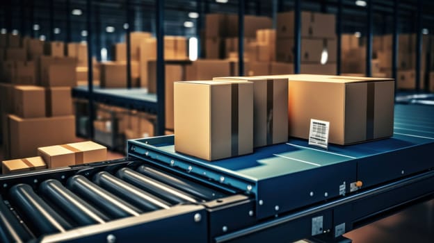 A conveyor belt with boxes on it in a warehouse