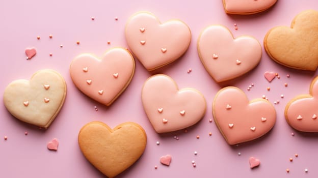 A bunch of heart shaped cookies are arranged on a pink background