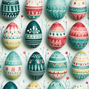 A large number of painted eggs are arranged in a pattern