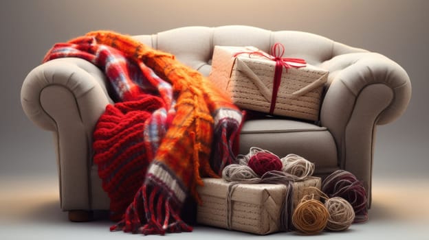 A chair with a blanket and presents on it next to yarn