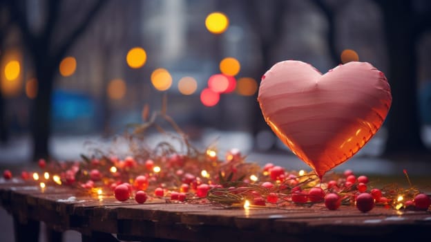 A heart shaped balloon on a wooden table with lights around it