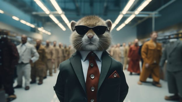 A large rodent wearing a suit and tie with sunglasses