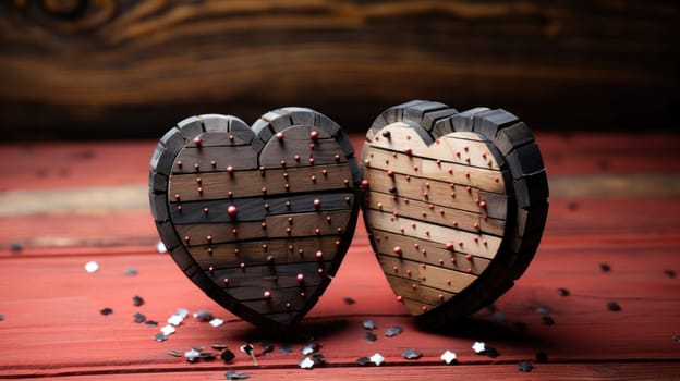 Two wooden hearts with a red background and some confetti