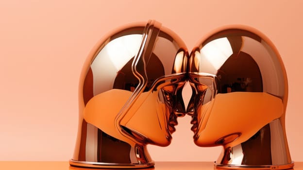 A pair of metal statues with their faces facing each other