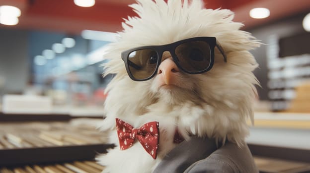 A white bird wearing a bow tie and sunglasses with glasses