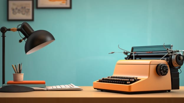 A desk with a lamp, keyboard and typewriter on it