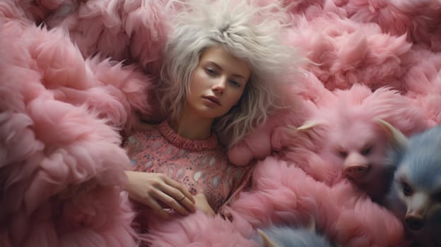 A woman laying in a pile of fluffy pink fur