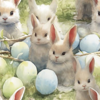 A group of rabbits are sitting in a field with blue eggs
