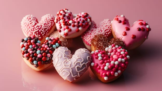 A bunch of heart shaped donuts are on a pink background