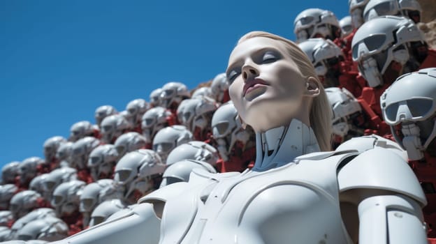 A woman in a white suit surrounded by rows of robots