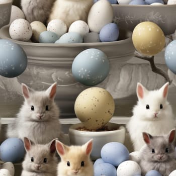 A group of small rabbits are sitting in a bowl with eggs