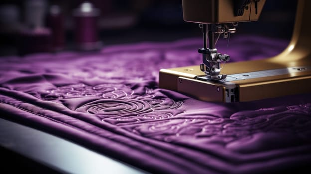A close up of a sewing machine on top of purple fabric