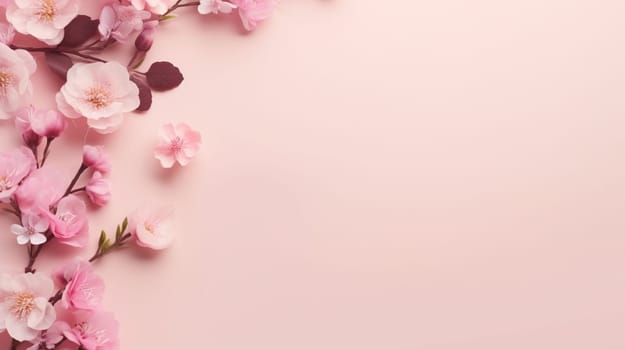 Elegant cherry blossoms arrayed across the top left side create a tranquil scene on a soft pink background, offering a serene, springtime ambiance. High quality photo