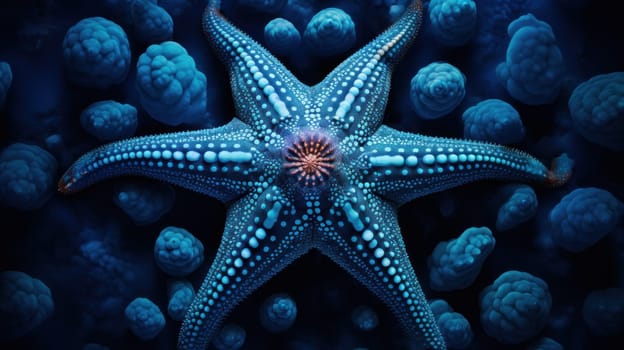 A starfish is surrounded by blue and white bubbles
