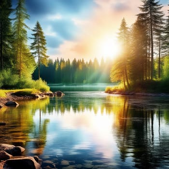 Forest Lake and Sunlight Painting a Serene Landscape