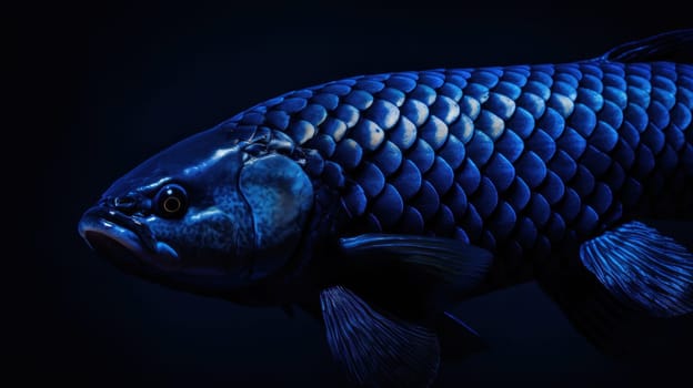 A close up of a blue fish with black background